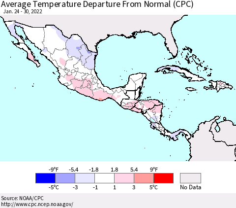 Mexico Central America and the Caribbean Average Temperature Departure from Normal (CPC) Thematic Map For 1/24/2022 - 1/30/2022
