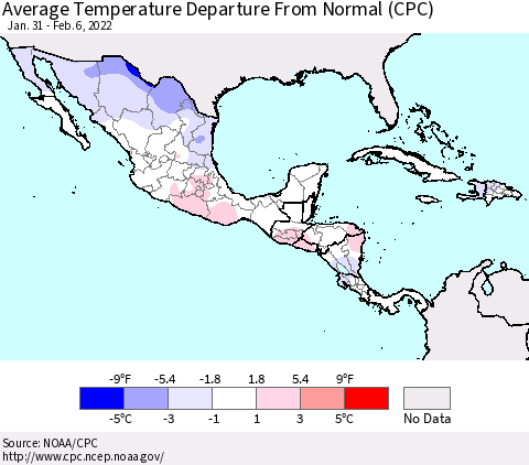 Mexico Central America and the Caribbean Average Temperature Departure from Normal (CPC) Thematic Map For 1/31/2022 - 2/6/2022