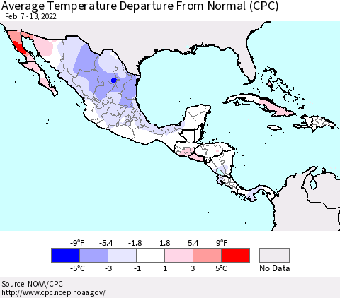 Mexico Central America and the Caribbean Average Temperature Departure from Normal (CPC) Thematic Map For 2/7/2022 - 2/13/2022