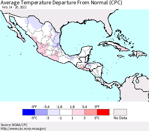 Mexico Central America and the Caribbean Average Temperature Departure from Normal (CPC) Thematic Map For 2/14/2022 - 2/20/2022