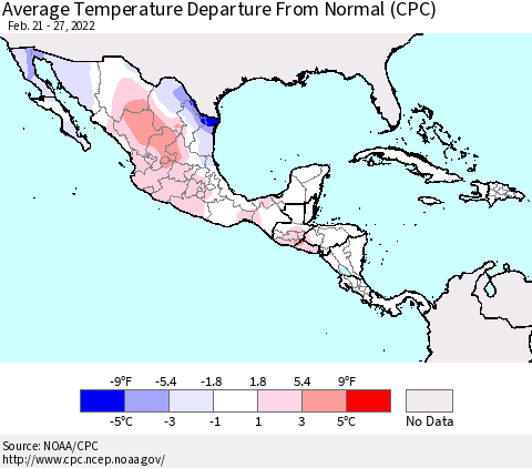 Mexico Central America and the Caribbean Average Temperature Departure from Normal (CPC) Thematic Map For 2/21/2022 - 2/27/2022