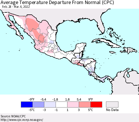 Mexico Central America and the Caribbean Average Temperature Departure from Normal (CPC) Thematic Map For 2/28/2022 - 3/6/2022