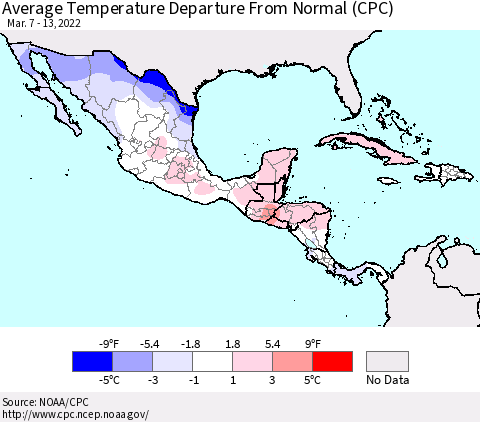 Mexico Central America and the Caribbean Average Temperature Departure from Normal (CPC) Thematic Map For 3/7/2022 - 3/13/2022
