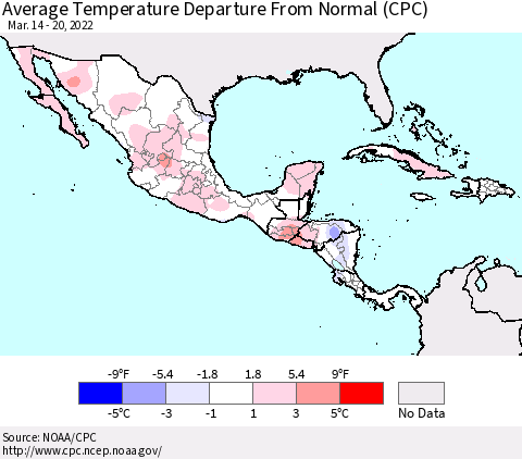 Mexico Central America and the Caribbean Average Temperature Departure from Normal (CPC) Thematic Map For 3/14/2022 - 3/20/2022
