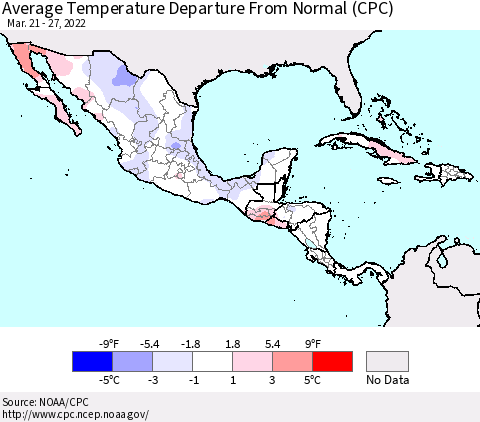 Mexico Central America and the Caribbean Average Temperature Departure from Normal (CPC) Thematic Map For 3/21/2022 - 3/27/2022