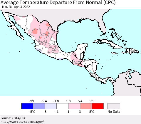Mexico Central America and the Caribbean Average Temperature Departure from Normal (CPC) Thematic Map For 3/28/2022 - 4/3/2022