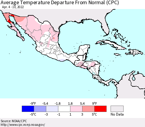 Mexico Central America and the Caribbean Average Temperature Departure from Normal (CPC) Thematic Map For 4/4/2022 - 4/10/2022