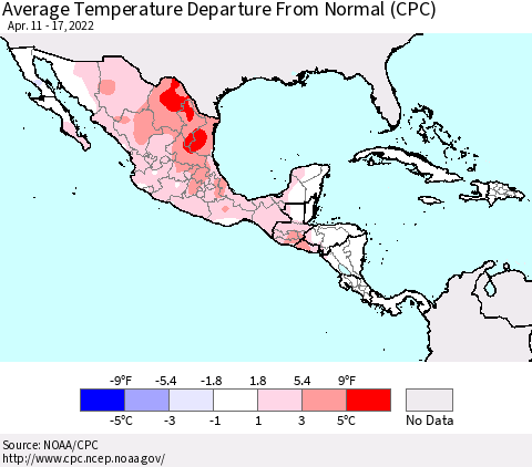 Mexico Central America and the Caribbean Average Temperature Departure from Normal (CPC) Thematic Map For 4/11/2022 - 4/17/2022