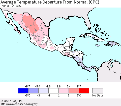 Mexico Central America and the Caribbean Average Temperature Departure from Normal (CPC) Thematic Map For 4/18/2022 - 4/24/2022