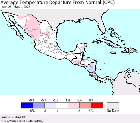 Mexico Central America and the Caribbean Average Temperature Departure from Normal (CPC) Thematic Map For 4/25/2022 - 5/1/2022