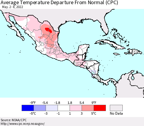 Mexico Central America and the Caribbean Average Temperature Departure from Normal (CPC) Thematic Map For 5/2/2022 - 5/8/2022