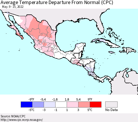Mexico Central America and the Caribbean Average Temperature Departure from Normal (CPC) Thematic Map For 5/9/2022 - 5/15/2022
