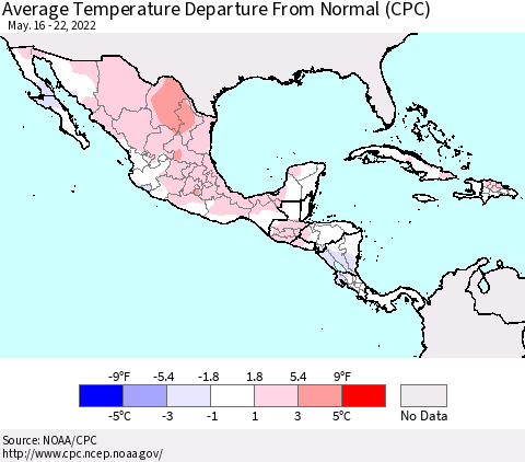 Mexico Central America and the Caribbean Average Temperature Departure from Normal (CPC) Thematic Map For 5/16/2022 - 5/22/2022