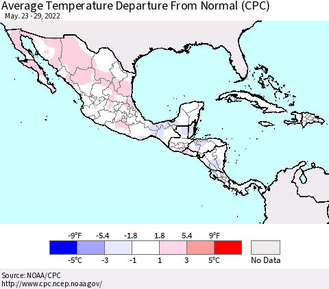 Mexico Central America and the Caribbean Average Temperature Departure from Normal (CPC) Thematic Map For 5/23/2022 - 5/29/2022