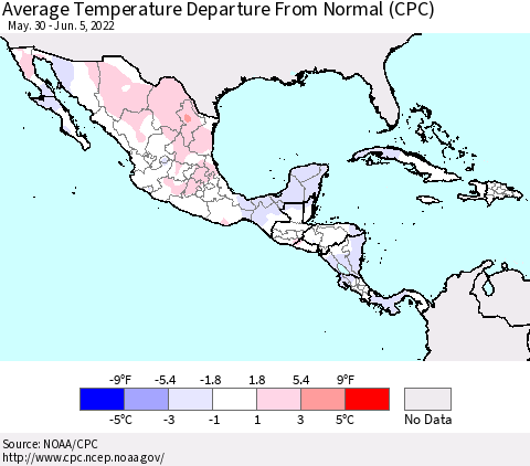 Mexico Central America and the Caribbean Average Temperature Departure from Normal (CPC) Thematic Map For 5/30/2022 - 6/5/2022