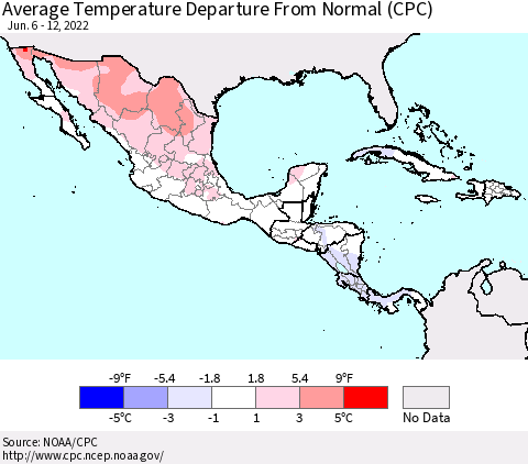 Mexico Central America and the Caribbean Average Temperature Departure from Normal (CPC) Thematic Map For 6/6/2022 - 6/12/2022
