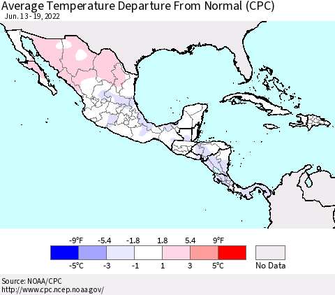 Mexico Central America and the Caribbean Average Temperature Departure from Normal (CPC) Thematic Map For 6/13/2022 - 6/19/2022