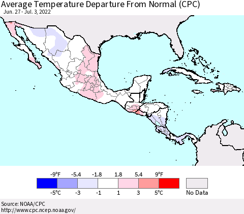 Mexico Central America and the Caribbean Average Temperature Departure from Normal (CPC) Thematic Map For 6/27/2022 - 7/3/2022