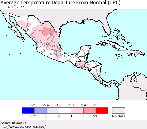 Mexico Central America and the Caribbean Average Temperature Departure from Normal (CPC) Thematic Map For 7/4/2022 - 7/10/2022