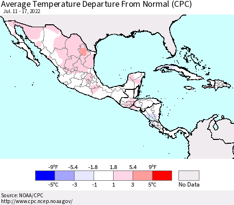 Mexico Central America and the Caribbean Average Temperature Departure from Normal (CPC) Thematic Map For 7/11/2022 - 7/17/2022