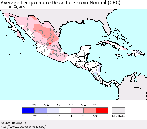 Mexico Central America and the Caribbean Average Temperature Departure from Normal (CPC) Thematic Map For 7/18/2022 - 7/24/2022