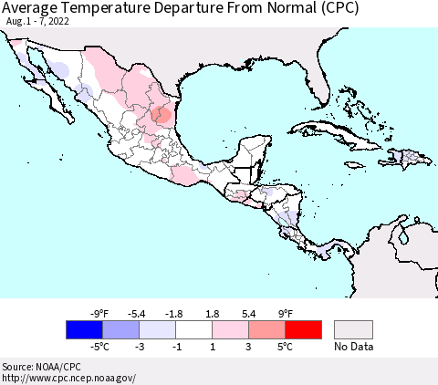 Mexico Central America and the Caribbean Average Temperature Departure from Normal (CPC) Thematic Map For 8/1/2022 - 8/7/2022