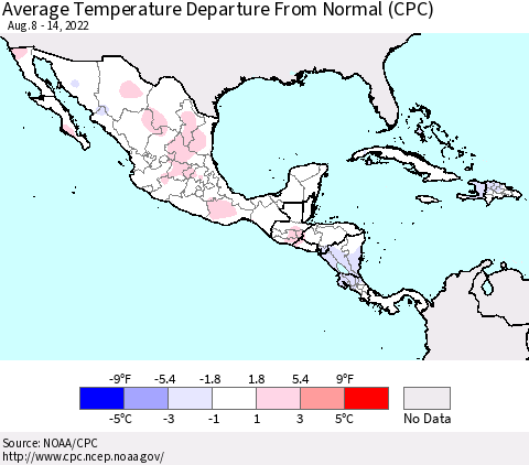 Mexico Central America and the Caribbean Average Temperature Departure from Normal (CPC) Thematic Map For 8/8/2022 - 8/14/2022