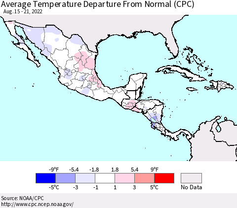 Mexico Central America and the Caribbean Average Temperature Departure from Normal (CPC) Thematic Map For 8/15/2022 - 8/21/2022