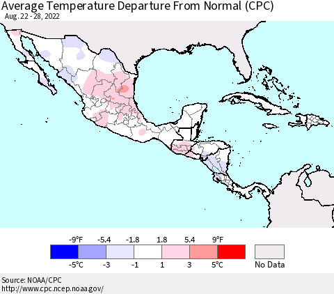 Mexico Central America and the Caribbean Average Temperature Departure from Normal (CPC) Thematic Map For 8/22/2022 - 8/28/2022