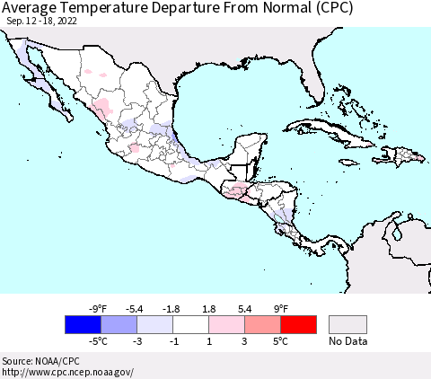 Mexico Central America and the Caribbean Average Temperature Departure from Normal (CPC) Thematic Map For 9/12/2022 - 9/18/2022