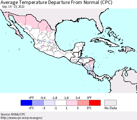 Mexico Central America and the Caribbean Average Temperature Departure from Normal (CPC) Thematic Map For 9/19/2022 - 9/25/2022