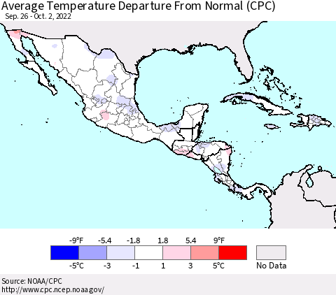 Mexico Central America and the Caribbean Average Temperature Departure from Normal (CPC) Thematic Map For 9/26/2022 - 10/2/2022