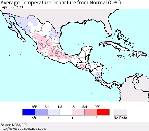 Mexico Central America and the Caribbean Average Temperature Departure from Normal (CPC) Thematic Map For 4/3/2023 - 4/9/2023