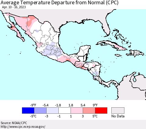 Mexico Central America and the Caribbean Average Temperature Departure from Normal (CPC) Thematic Map For 4/10/2023 - 4/16/2023