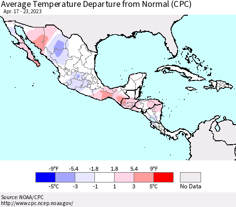 Mexico Central America and the Caribbean Average Temperature Departure from Normal (CPC) Thematic Map For 4/17/2023 - 4/23/2023