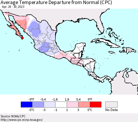 Mexico Central America and the Caribbean Average Temperature Departure from Normal (CPC) Thematic Map For 4/24/2023 - 4/30/2023