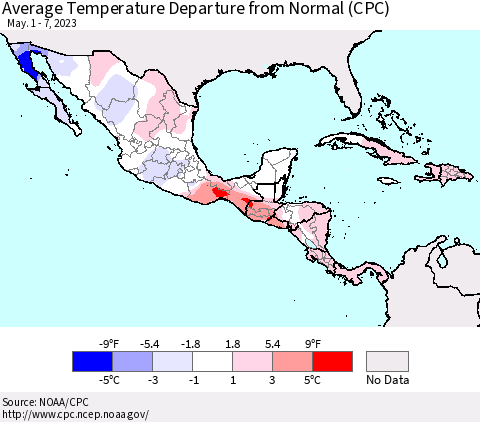 Mexico Central America and the Caribbean Average Temperature Departure from Normal (CPC) Thematic Map For 5/1/2023 - 5/7/2023