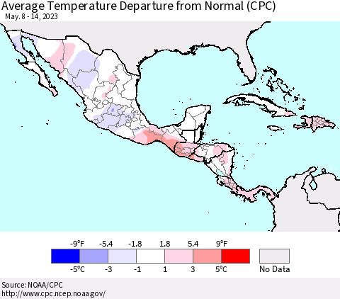 Mexico Central America and the Caribbean Average Temperature Departure from Normal (CPC) Thematic Map For 5/8/2023 - 5/14/2023