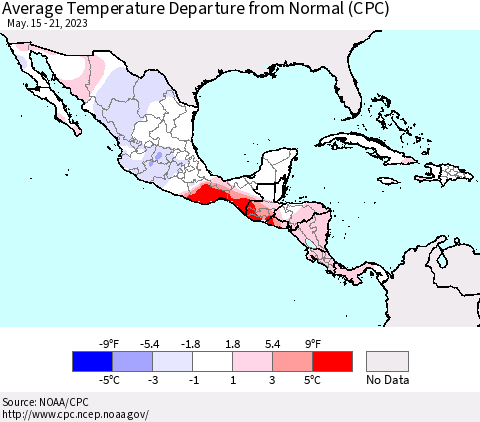 Mexico Central America and the Caribbean Average Temperature Departure from Normal (CPC) Thematic Map For 5/15/2023 - 5/21/2023