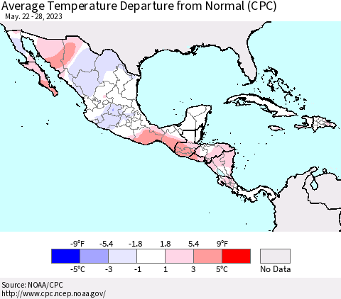 Mexico Central America and the Caribbean Average Temperature Departure from Normal (CPC) Thematic Map For 5/22/2023 - 5/28/2023