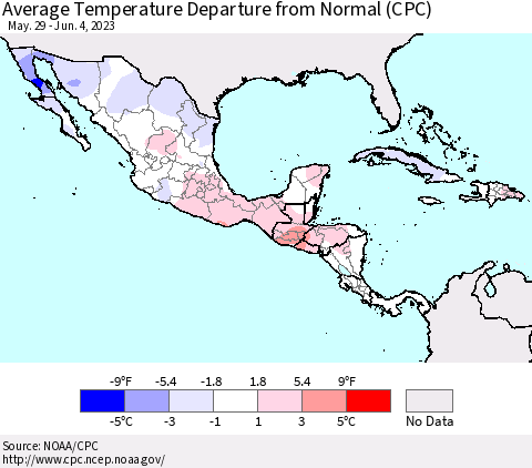 Mexico Central America and the Caribbean Average Temperature Departure from Normal (CPC) Thematic Map For 5/29/2023 - 6/4/2023