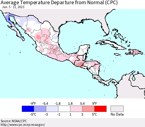 Mexico Central America and the Caribbean Average Temperature Departure from Normal (CPC) Thematic Map For 6/5/2023 - 6/11/2023