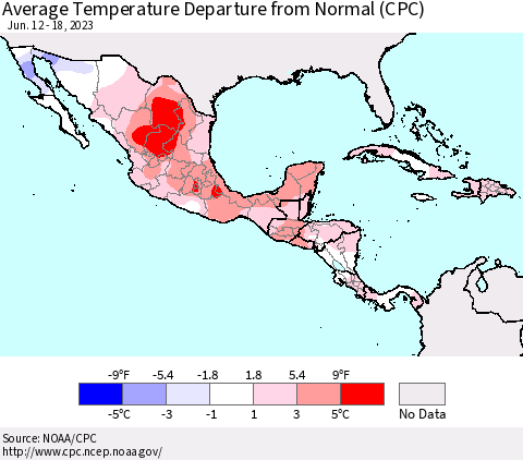 Mexico Central America and the Caribbean Average Temperature Departure from Normal (CPC) Thematic Map For 6/12/2023 - 6/18/2023