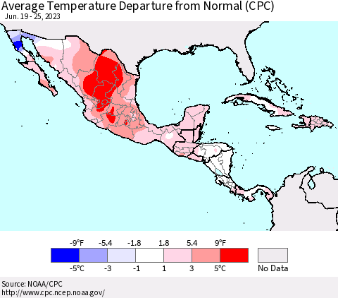Mexico Central America and the Caribbean Average Temperature Departure from Normal (CPC) Thematic Map For 6/19/2023 - 6/25/2023