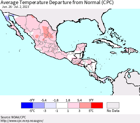 Mexico Central America and the Caribbean Average Temperature Departure from Normal (CPC) Thematic Map For 6/26/2023 - 7/2/2023