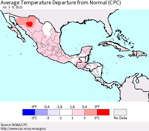 Mexico Central America and the Caribbean Average Temperature Departure from Normal (CPC) Thematic Map For 7/3/2023 - 7/9/2023