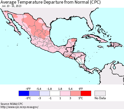 Mexico Central America and the Caribbean Average Temperature Departure from Normal (CPC) Thematic Map For 7/10/2023 - 7/16/2023