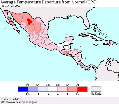 Mexico Central America and the Caribbean Average Temperature Departure from Normal (CPC) Thematic Map For 7/17/2023 - 7/23/2023