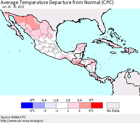 Mexico Central America and the Caribbean Average Temperature Departure from Normal (CPC) Thematic Map For 7/24/2023 - 7/30/2023