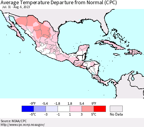 Mexico Central America and the Caribbean Average Temperature Departure from Normal (CPC) Thematic Map For 7/31/2023 - 8/6/2023